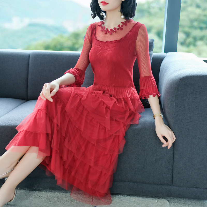 Spring Women Pleated Fashion New Tidal Lady Elegant Solid Color Popular Dresses