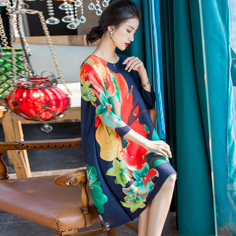 Spring New Women Large Pleated Fashion Dress 2020 Printed Big Size Dress