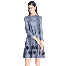 Pleated Fashion Slim Flower Loose Casual Wrist Appliques Natural O-neck Spring Dress