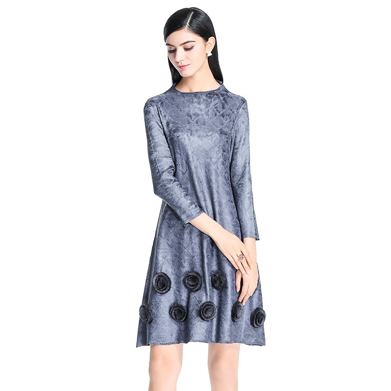 Pleated Fashion Slim Flower Loose Casual Wrist Appliques Natural O-neck Spring Dress