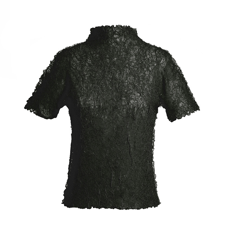 Temperament High Neck Short Sleeve Tops Women's Simple Slim Pleated T-shirt