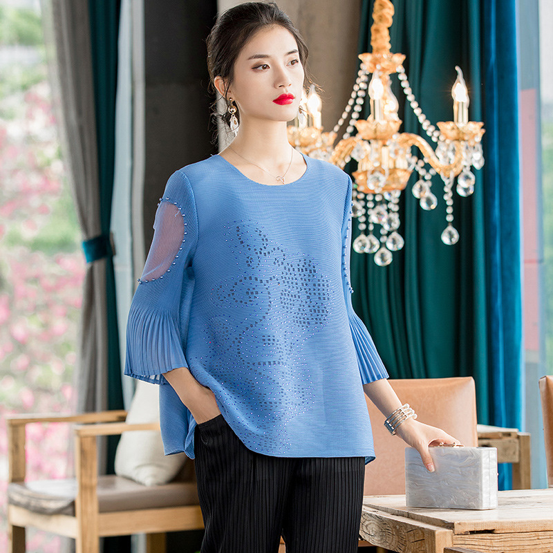 Spring 2020 Women Pleated Tops New Style Embroidered Beaded Loose Versatile shirt