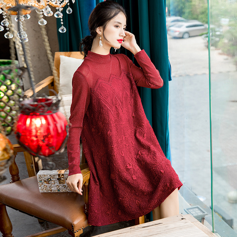 New Women's Fashion Embroidered Beaded Long Sleeve Large Pleated Dress In Spring 2020