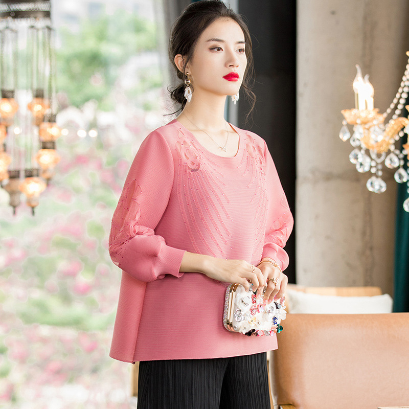 Pleated Oversized Top Early Spring 2020 New Loose Fashion Embroidered Beaded All-around shirt