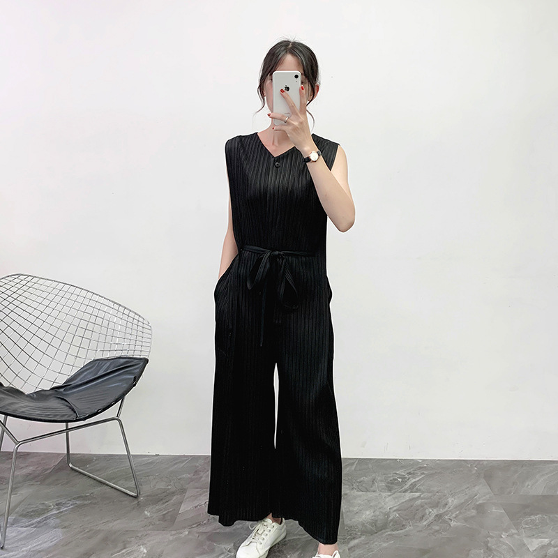 Women Pleated Jumpsuit Wide Leg Casual Pants Set Loose Large Trousers