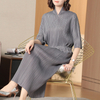 Pleated Dresses Summer New Style V-collar Short Sleeve Slim Long Loose Dress