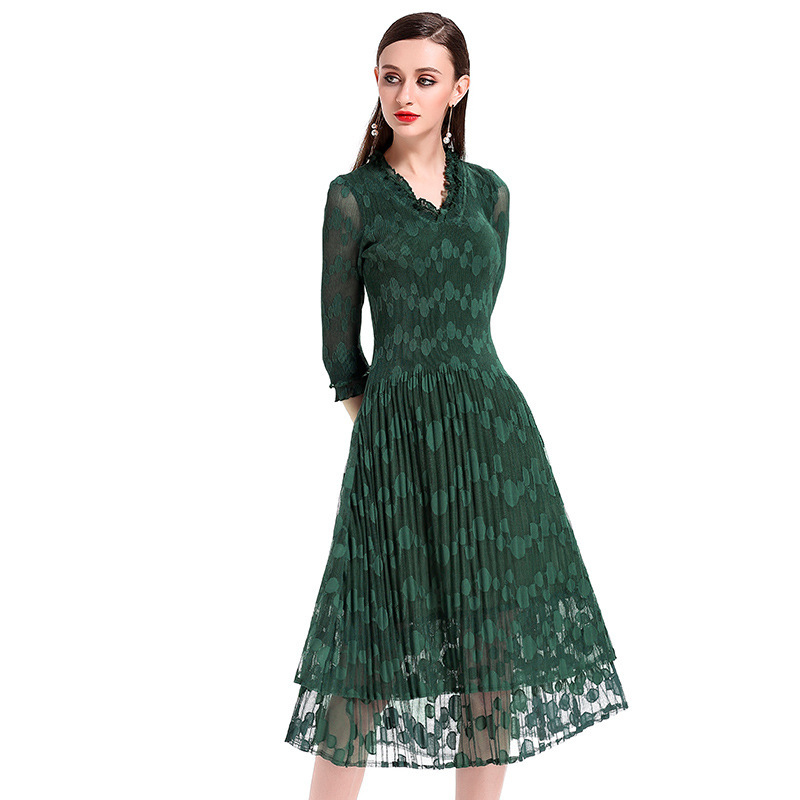 European And American Pleat V neck Lace Original Fashion womens Dress