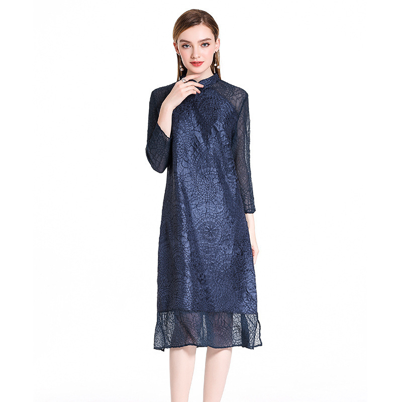 Spring Autumn Women Pleated Crinkled Embroidery Fashion New High End Lady Elegant Long One Piece Dress