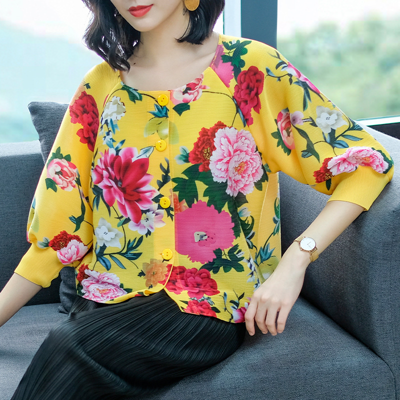 Spring Women Pleated Fashion New Floral Print Loose Tops Shirts