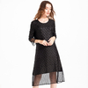 Women Pleated Fashion New Crinkeld Solid Color Lace Lady Elegant Dress