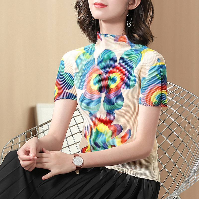 Summer Women Fashion Pleated blouse Short Style 2019 New Large Size Printed Tops