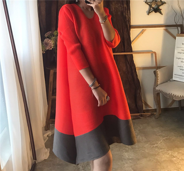 2018 New Arrival Women Pleated Casual Loose Patchwork Knee-length O-neck Lady Fashion Autumn Dress