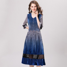 Ice Silk Pleated Dress Gradual Color Spring And Autumn Velvet Women's Long Dress
