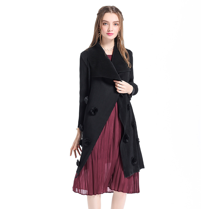 Women Pleated Fashion Jacket Boutique Spring Outerwear Casual X-long Slim Coat