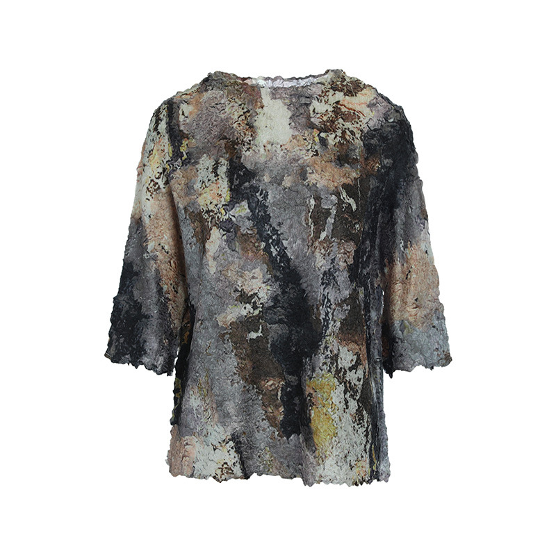 Pleated T-shirt Women's New Summer Round Neck Ruffle Print Short Sleeve Tops