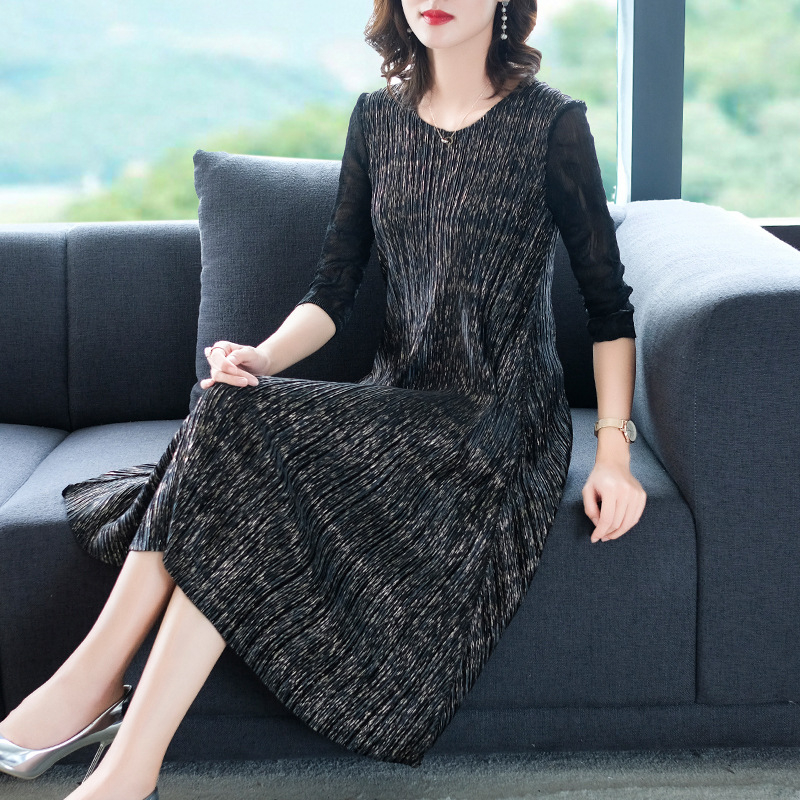 Pleated Oversized Women Pleated Dress Autumn 2019 Fashion Splicing Bright Silk A-line Dress