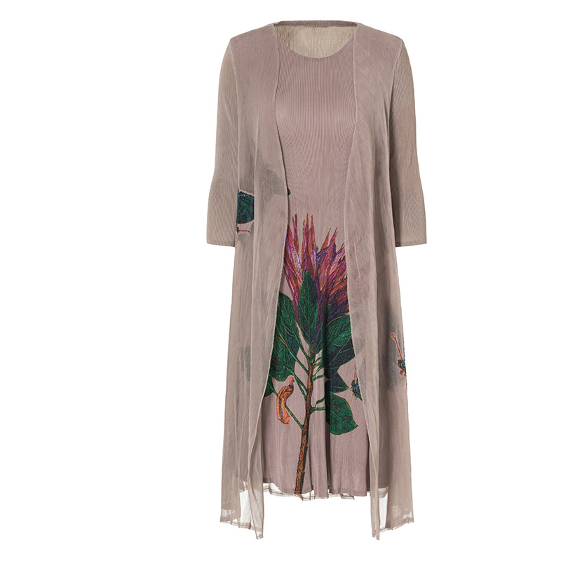 Fake Two Piece Pleated Print Dress New Women's Loose Large A-line Dress In Autumn 2019