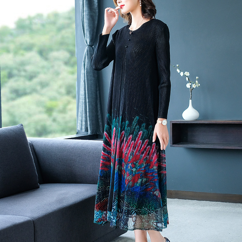Pleated Fake Two Pieces Women Vintage Print Dress Fall 2019 Oversized A-line Dress