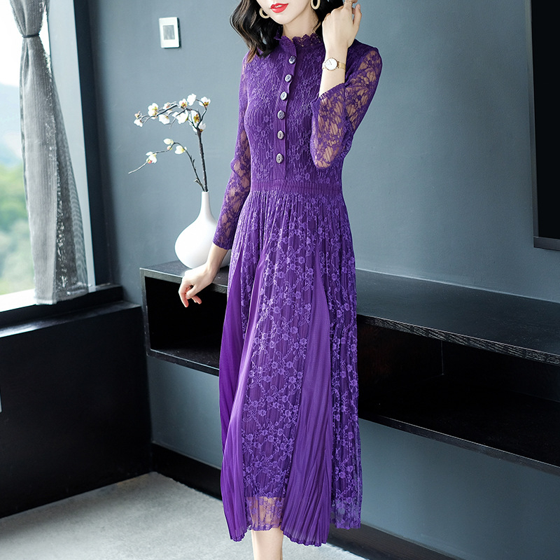 Women Lace Pleated Lady Elegant High Quality One Piece Long Slim Dress