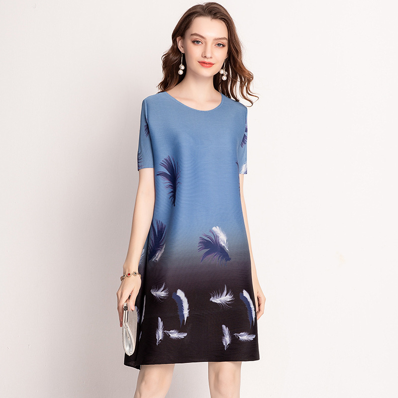 Digital Feather Print Dresses Summer Fashion Women's Pleats Elastic Dress