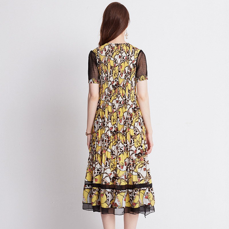 Mesh Sleeve Fancy Dress Summer Chiffon Dress Pleated Fashion Dress