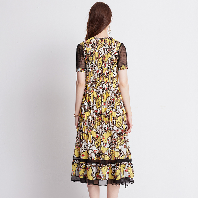 Mesh Sleeve Fancy Dress Summer Chiffon Dress Pleated Fashion Dress