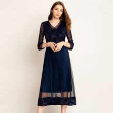 Wrinkle 2019 New Dress Crossed V-collar Mesh Lace Elegant Dresses