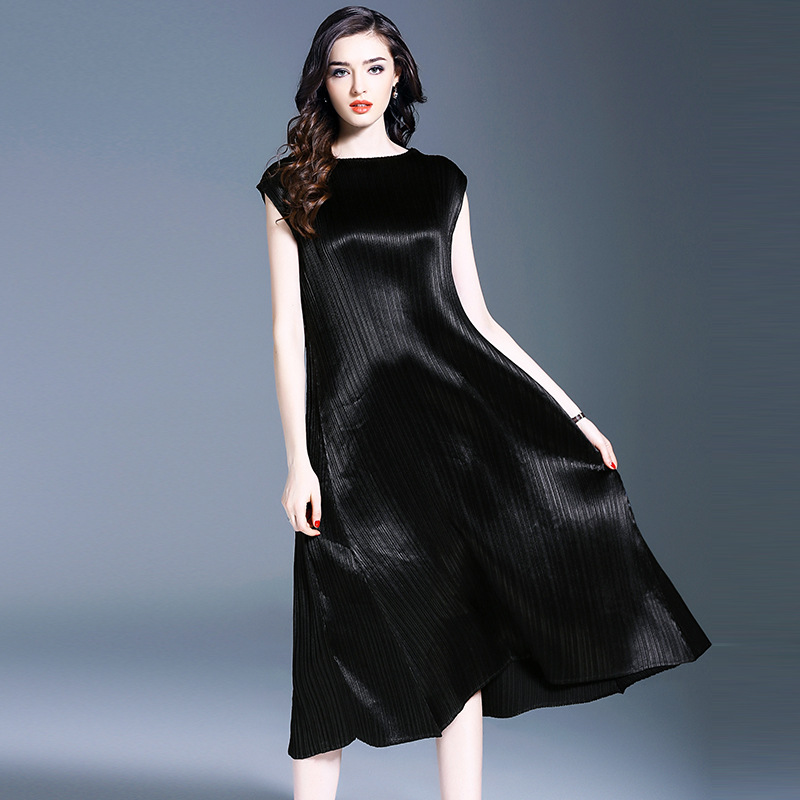 Women Pleated Solid Color Bottoming Black Sleeveless Casual Tidal Lady Elegant Popular Dress
