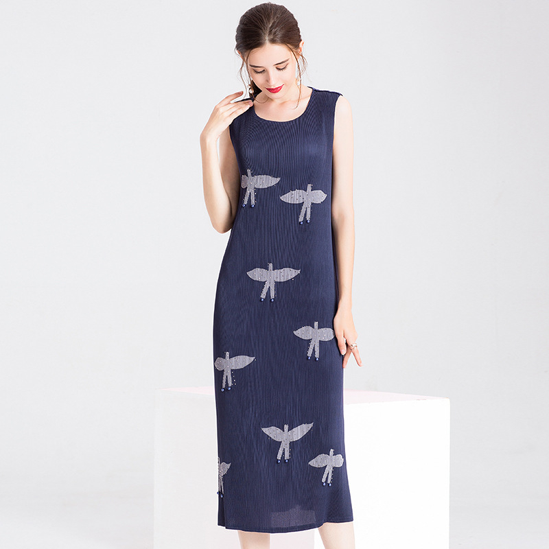 Women Pleated Dress Lace Print Lady Elegant Two Pieces Dress