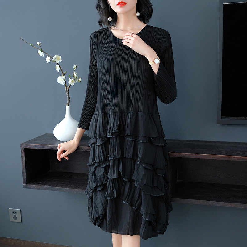 Autumn Women Fashion New Solid Color Pleated Lady Elegant Casual Loose Dress