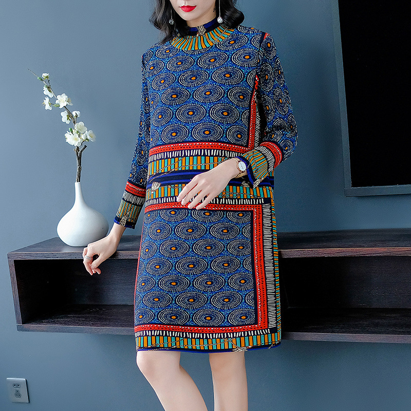Long Sleeve Dresses New Spring Female Fashion Retro Collar Printed Loose Large Size Wear