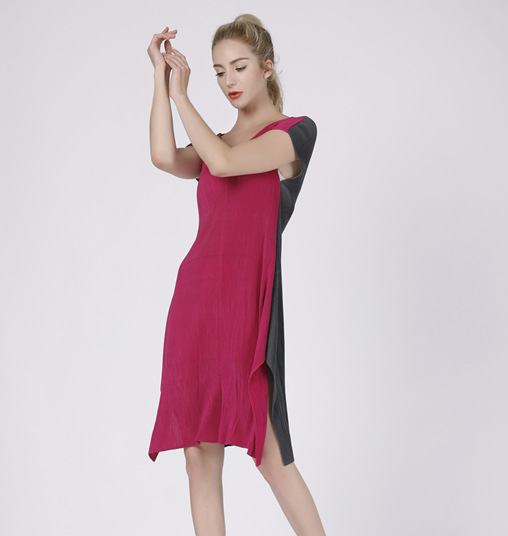 Popular Contrast Loose Pleated Hem Women Fashion Pleated Dress