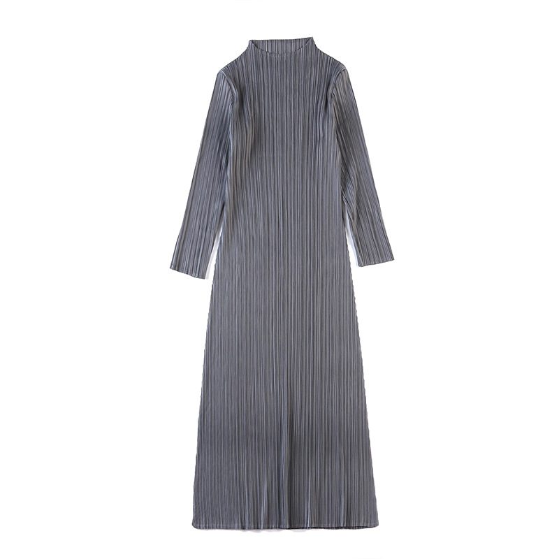 Women Pleated Fashion Office Lady Loose Solid Elegant Mid-calf Turtleneck Autumn Dress
