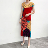 Women Pleated Long Dress Short Sleeve Print Tidal Loose Big Size Dress