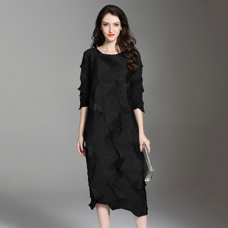 2018 New Arrival Women Crinkled Lady Fashion Loose Solid Color Draped Mid-calf O-neck Autumn Dress