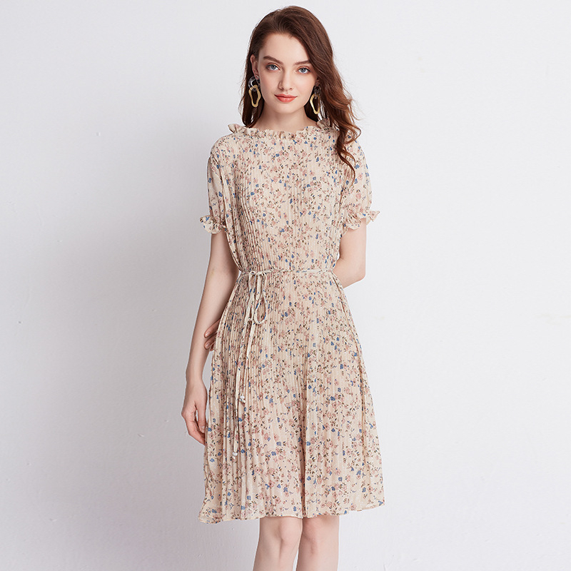 Chiffon Spring Summer Women Pleated Fashion New Tidal Print Dresses