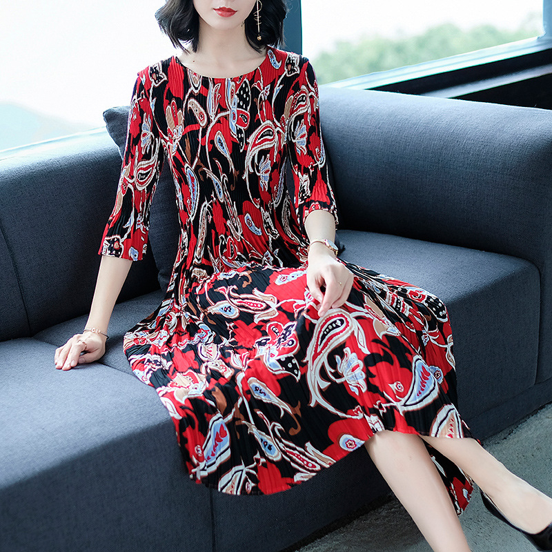 Spring Women Pleated Fashion New Print Tidal Lady Elegant Dress