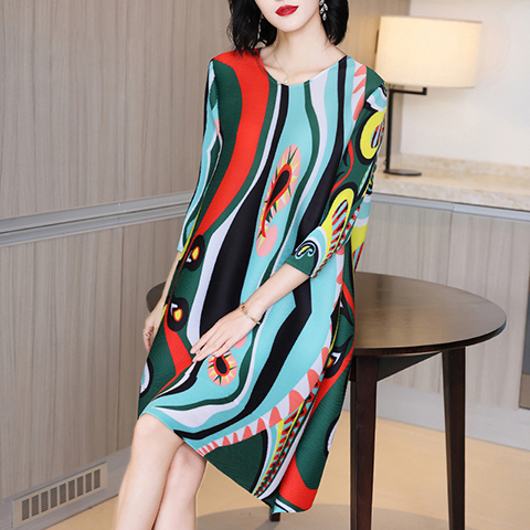 Mother's Age Reduction Print Dress Spring 2021 New Women's Loose Plus Size Pleated Dress