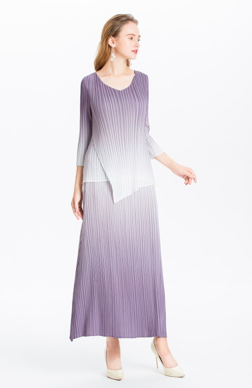 Women Pleated Dress Gradient Colour Spring Autumn Long Sleeve Irregular Tops Elegant Leisure Dress Clothing Sets