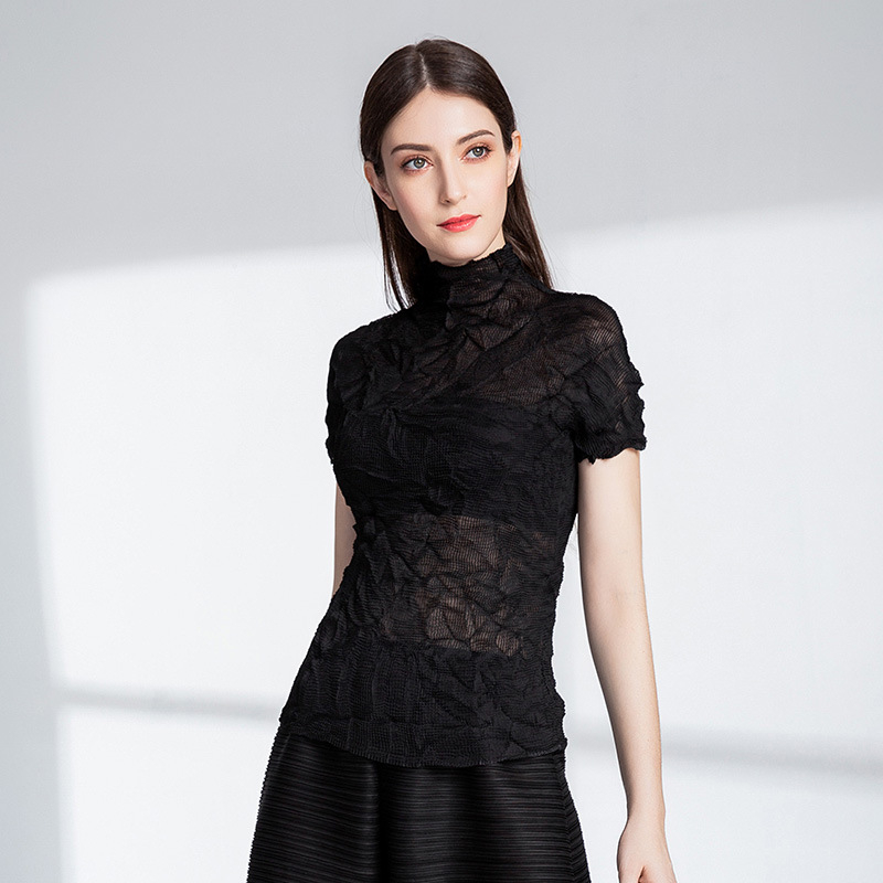 Women's 2020 Summer Pleated Black Sexy Perspective T-shirt Top Women's Short Sleeve Shirts