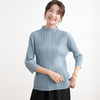 Women Pleated Tops Basic Versatile Half High Collar Loose Three Quarter Sleeve T-shirt