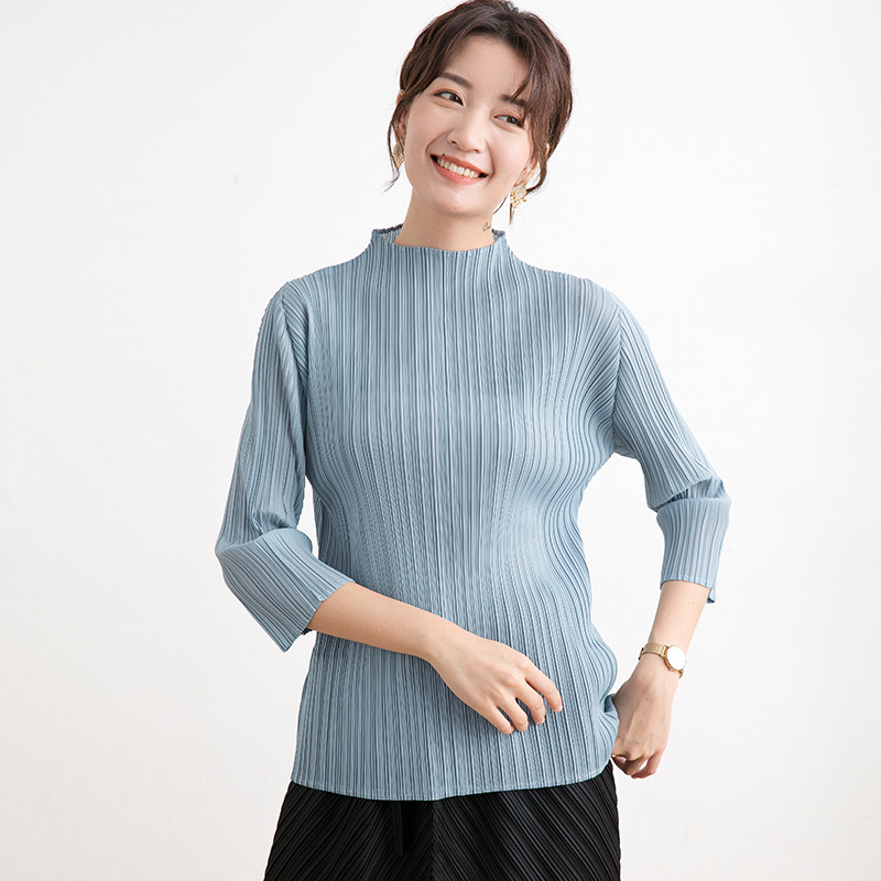 Women Pleated Tops Basic Versatile Half High Collar Loose Three Quarter Sleeve T-shirt