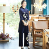 Autumn New Style Gold Velvet Embroidered Top 2019 Fashion Wide Leg Pants Two Piece Clothing Set