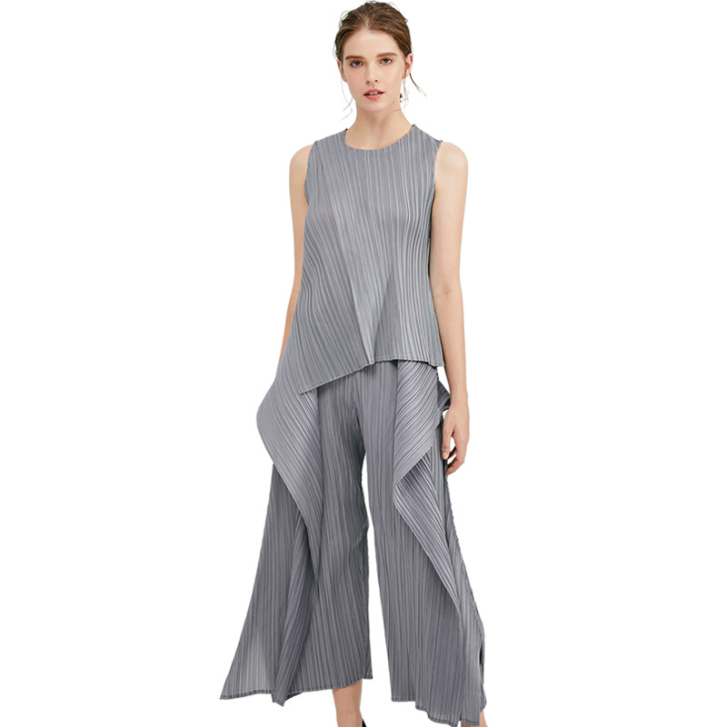 Spring Women Fashion New Tidal Pleated Tops Trousers Two Pieces Clothing Sets Popular Suits