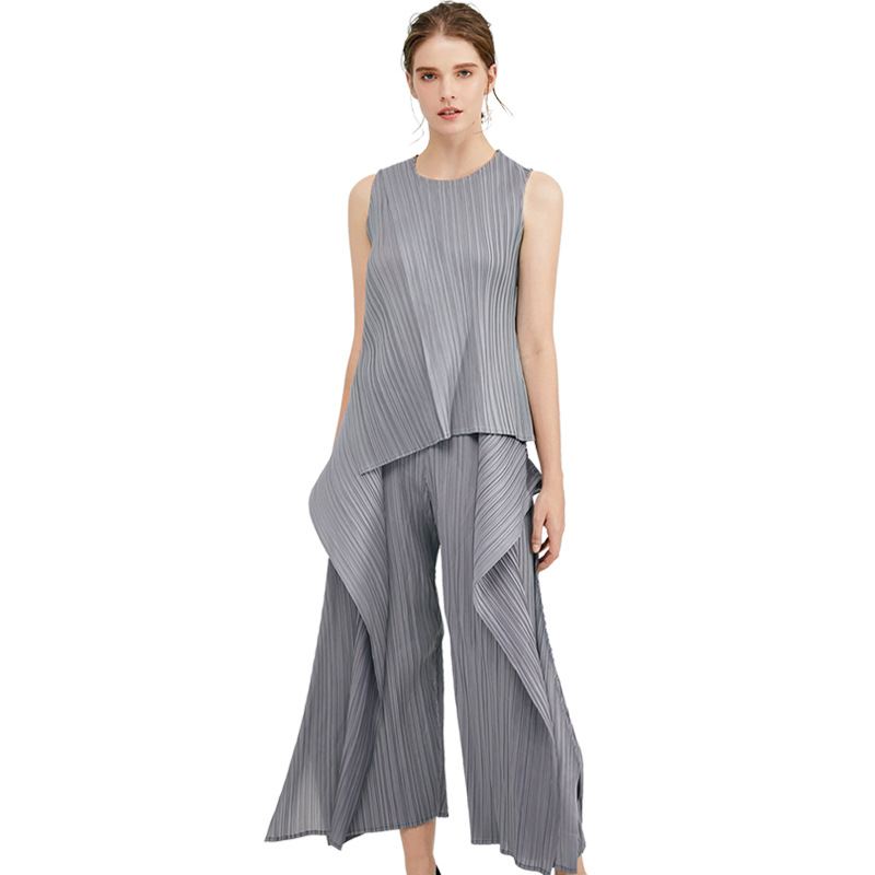 Spring Women Fashion New Tidal Pleated Tops Trousers Two Pieces Clothing Sets Popular Suits