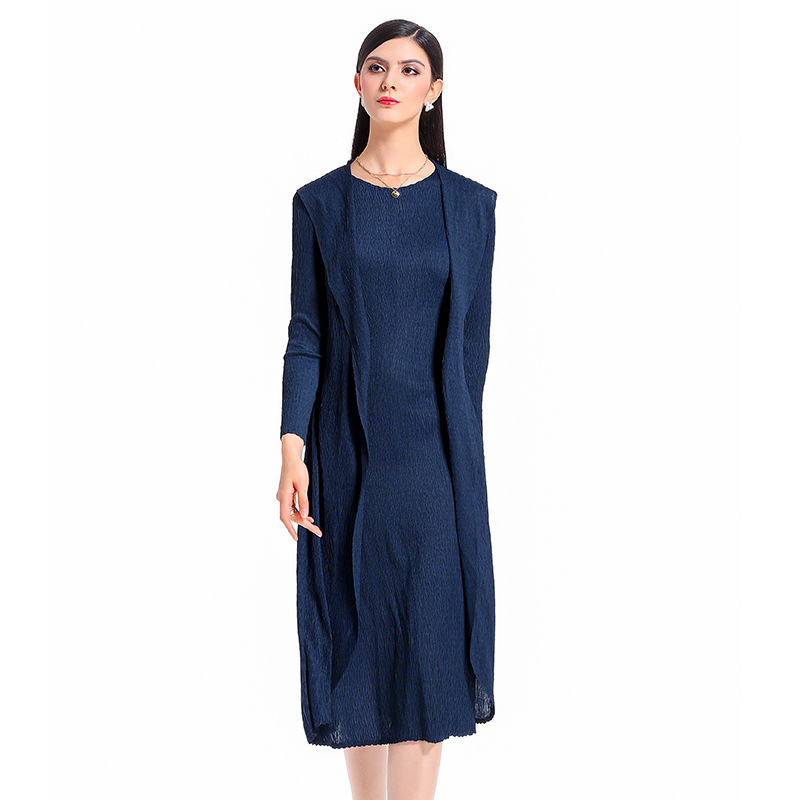 Autumn Women Original Design Jacquard Fold Fake Two Popular Static Color Boutique Dress