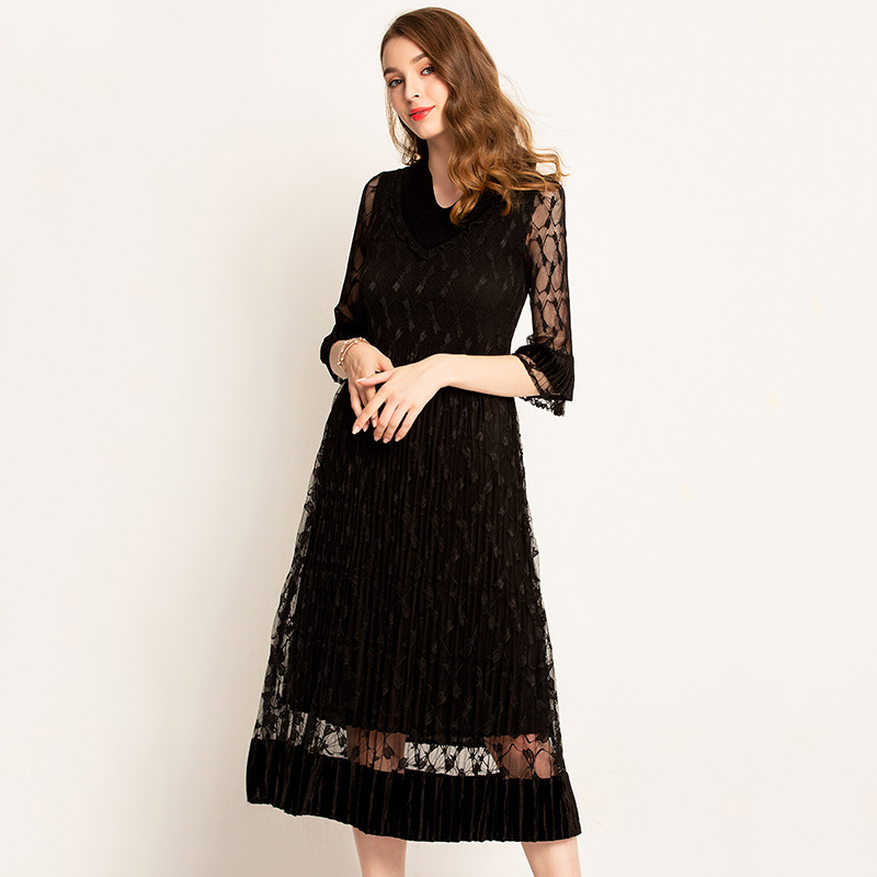 Wrinkle 2019 New Dresses Pleated Solid Color V-neck Lace Velvet Boutique Elegant Dresses