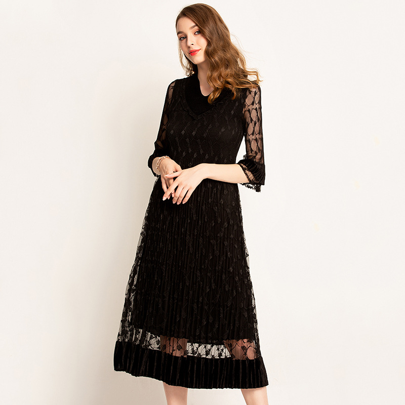 Wrinkle 2019 New Dresses Pleated Solid Color V-neck Lace Velvet Boutique Elegant Dresses