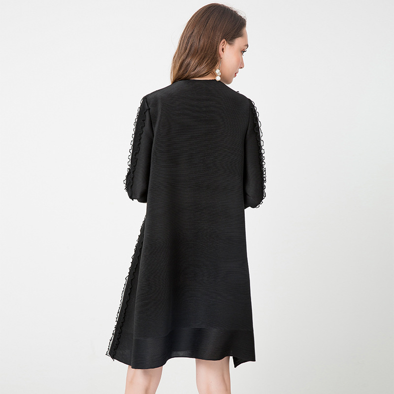 Mesh Ear Women Pleated Bar Wood Ear Mesh 7-sleeve Static Color Dress