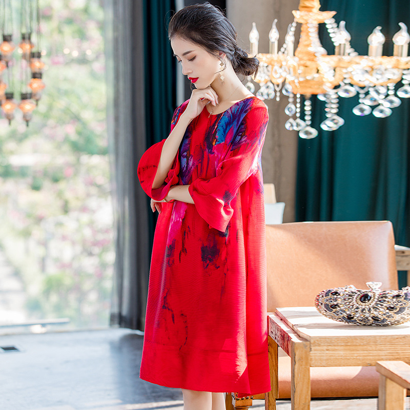Early Spring 2020 Women Large Fashion Print Pleated Dress New Relaxed A-line Dress